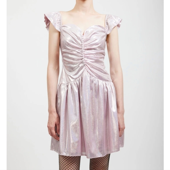 Batsheva Dresses & Skirts - Batsheva Designer Shimmery Metallic Pink flutter sleeve sweetheart Dress size8/4